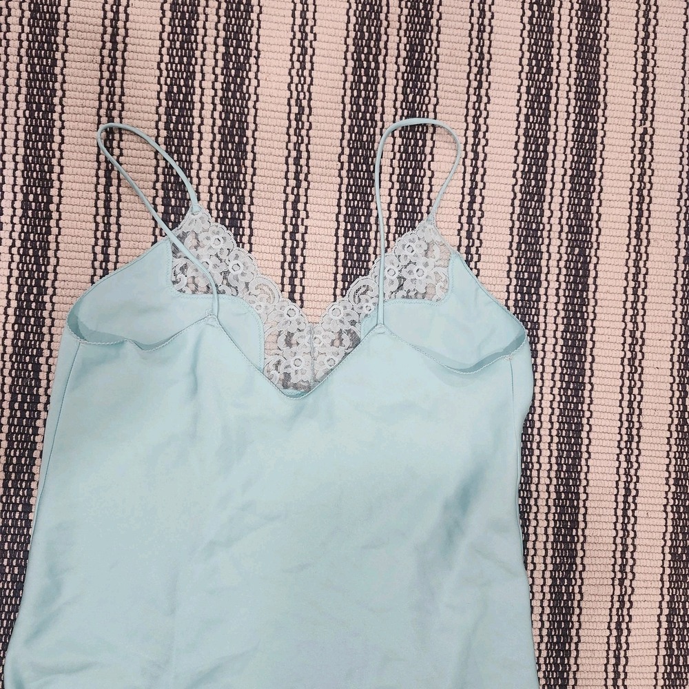 Vintage Victoria's Secret Slip Dress M Blue Satin Lace Chemise Nightgown - Picture 6 of 10